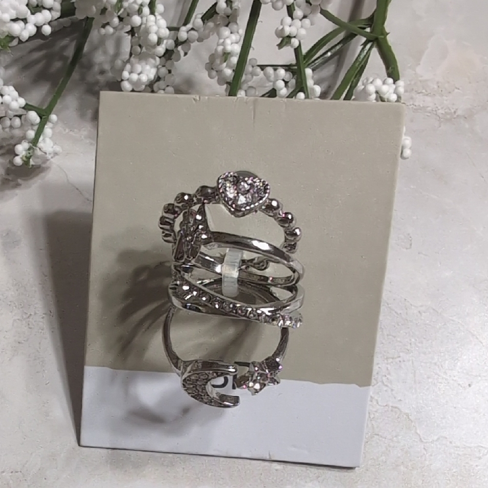 BP Nordstrom Sparkly Silver Heart and Star Ring Set Size 7